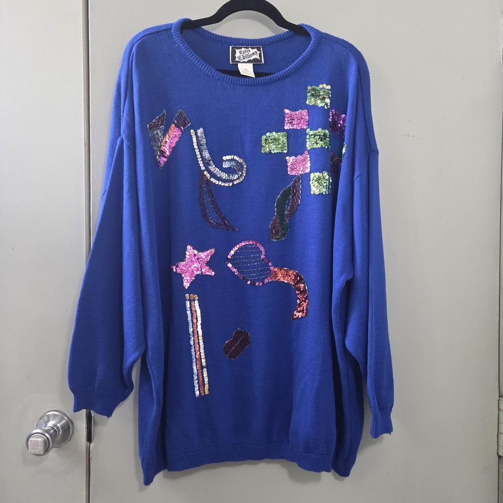 Vtg 90s 2X Royal Blue Sequin Beaded Sweater Maximalist Statement Art Teacher